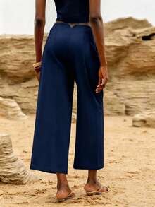 Lumivelle Women's Solid Color Minimalist Casual Suit Pants Travel Navy Blue Summer - Navy Blue - View 2