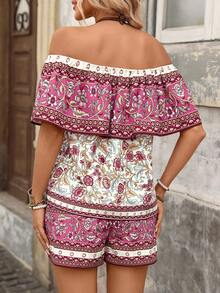 Brillora Setelan 2 Potong Wanita Motif Bunga Boho, Atasan Bahu Terbuka Berkerut dan Celana Pendek Bertali Serut, Warna Beige, Pakaian Kasual Liburan Pantai Musim Panas - Purple - View 2