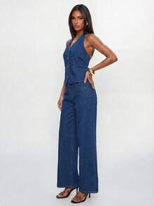 Avantive 女士露背系带吊带上衣和休闲牛仔裤套装，日常穿着 - 中等水洗藍 - 查看 5