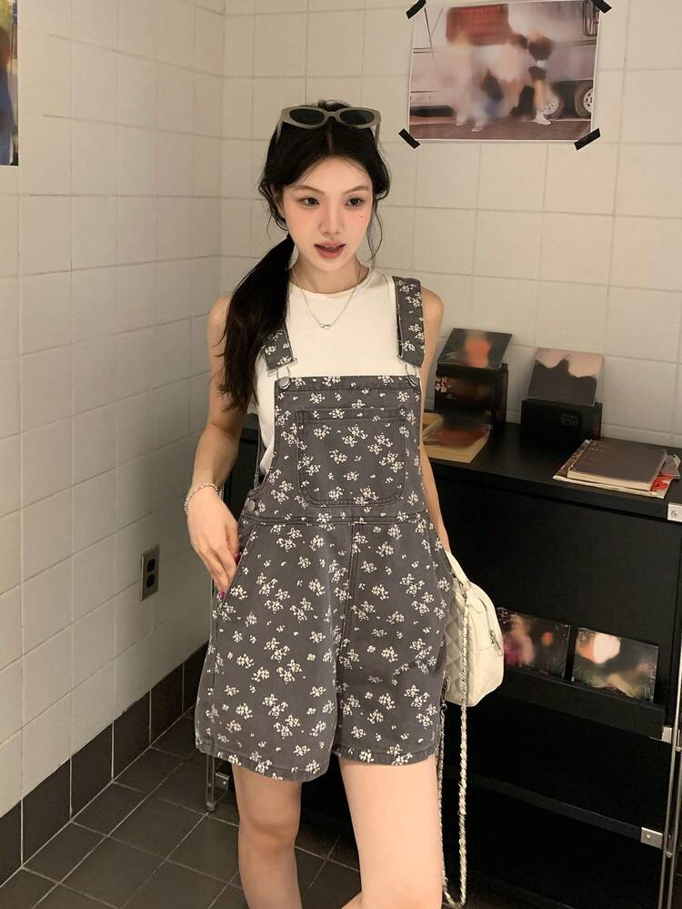 Women's Ditsy Floral Pocket Casual Versatile Denim Romper