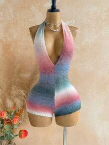 Soleia Women's Ombre Deep V-Neck Sexy Halter Knit Romper - Multicolor - View 5