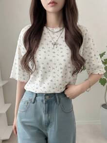 FRIFUL Women's Wavy Striped Loose Contrast Trim Short Sleeve T-Shirt, Summer Casual Wear - Green - View 4