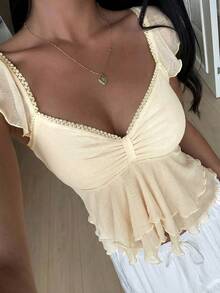 SHEIN EZwear Áo thun nữ mùa hè xếp ly, tay bồng bằng vải lưới - Màu be - Xem 4