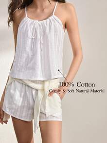 Ocili Quần short dáng rộng thoải mái bằng cotton mềm mại, kiểu bohemian, có dây rút, thích hợp cho mùa thu, dành cho nữ. - trắng - Xem 1