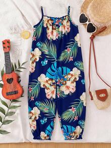 SHEIN Young Girl Vacation Casual Chiffon Ditsy Floral Jumpsuit - Navy Blue - View 3