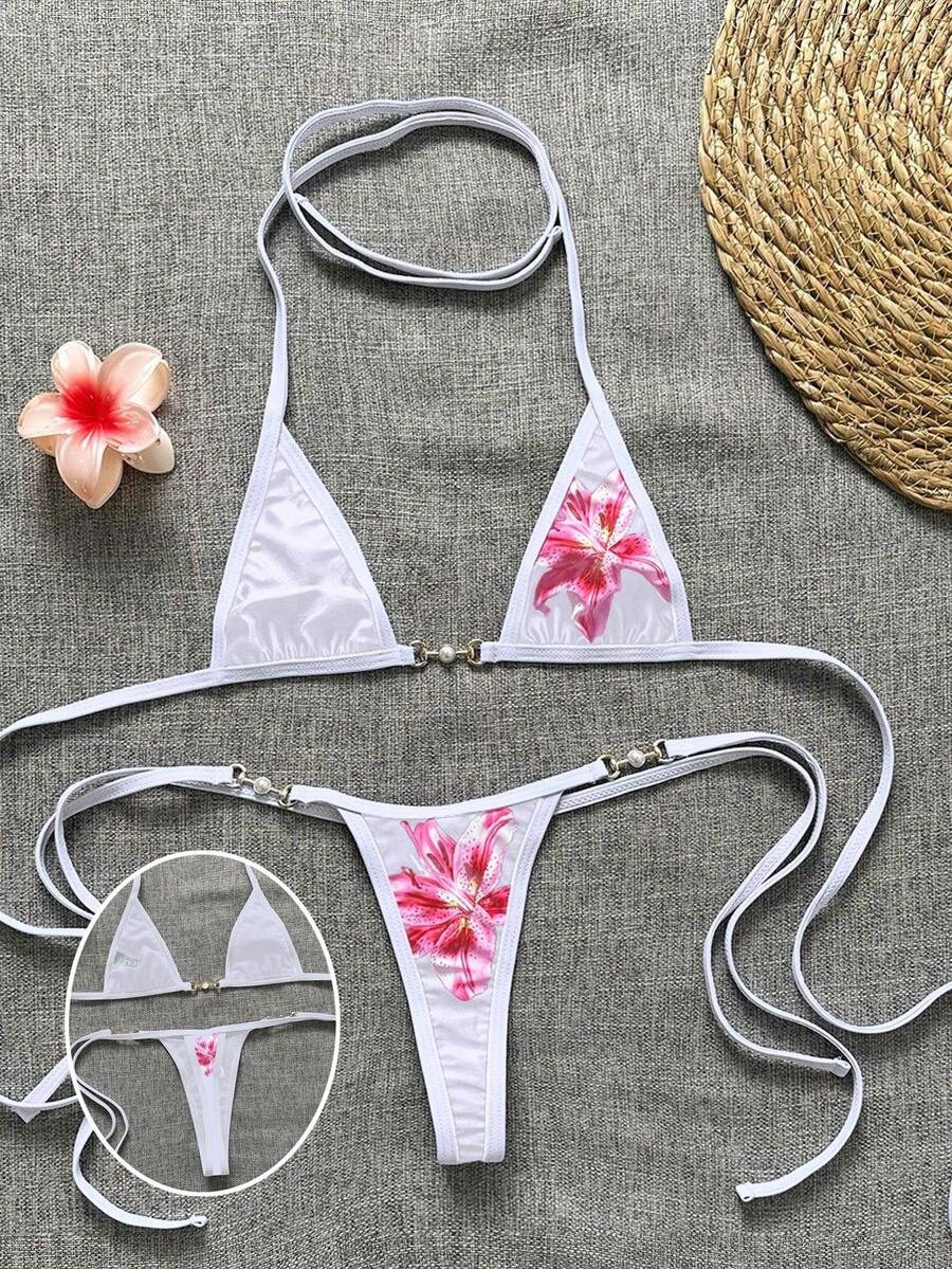 Swim Vcay 2pcs Women's New Floral Print Spaghetti Strap Backless Micro Triangle Top And Thong Sexy Bikini Set Set - White - View 1