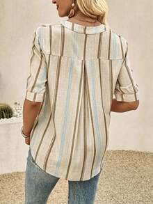 EMERY ROSE Women's Casual Boho Loose V-Neck 3/4 Sleeve Shirt, Summer, Suitable For Daily Wear And Outings, Blue And White Striped Design Vacation - Khaki - View 2