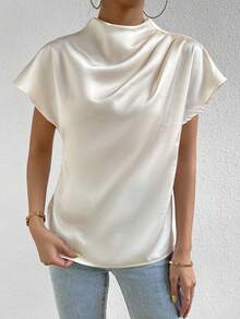 Islaluna Blusa de cuello alto de manga murciélago de satén - Albaricoque - Ver 8