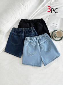 SHEIN Shorts vaqueros informales y sueltos, paquete múltiple, todo a juego, para niñas - Multicolor - Ver 3