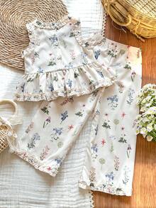 Vintaside Kids Young Girls' Sleeveless Floral Decorated Top And Pants Set, Sweet And Fresh Style, Suitable For Daily Outings, Casual Gatherings, Vacations - Multicolor - View 3