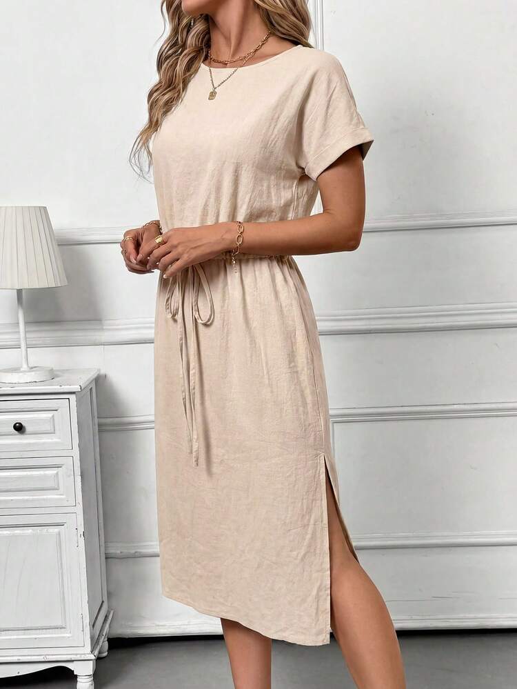 SHEIN Clasi 女士休闲纯色侧开衩中长连衣裙，夏季 - 杏色 - 查看 4