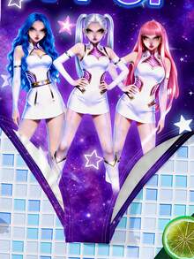 SHEIN 少女夏季海滩度假 K-Pop 卡通女团星空印花连体泳衣 - 彩色 - 查看 6