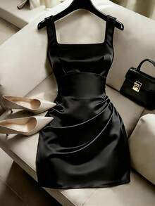GlowEve Women's Elegant Pleated Waist Solid Color Square Neck Short Dress, Summer - Black - View 1