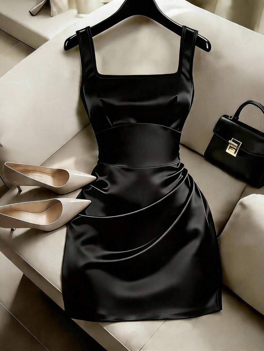 GlowEve Women's Elegant Pleated Waist Solid Color Square Neck Short Dress, Summer - Black - View 1