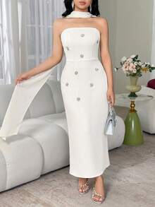 Modelyn Robe élégante pour femmes décorée de strass et ornements métalliques - Blanc - Voir 3
