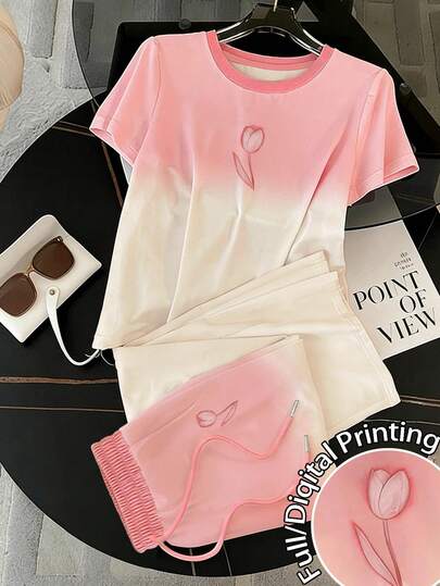 Resyla Camiseta de manga corta con cuello redondo de ajuste regular + Pantalones de pierna recta con bolsillos en diagonal