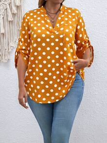 SHEIN Áo kiểu dáng cỡ lớn, cổ chữ V, tay dài, chấm bi, phong cách retro. - Màu vàng - Xem 3