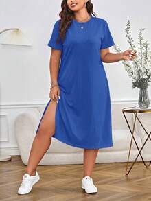 SHEIN Essnce 大码女式纯色圆领短袖休闲连衣裙 - 藍色 - 查看 6