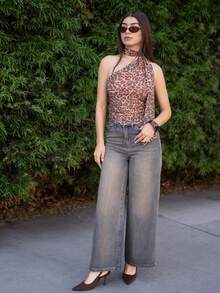 Andrea Bello 豹纹露背上衣，不对称上衣，Y2k 服装 - 銅色 - 查看 6