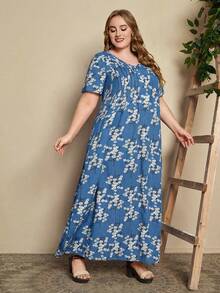 EMERY ROSE Plus Ditsy Floral Long Summer Dress With Sleeves Half Button Maxi Dress - Blue - View 5