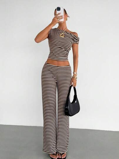 Siren Gaze Women's Summer New Style Navy Brown Pleated Top + High-Waisted Wide-Leg Pants Two-Piece Set | Slim Fit Office Wear Commuting Suit | Stylish Casual Suit Pants Set, Office Casual Formal Wear,Work Outfits For Women Two Piece Set Latest Outfit For Women Zante Holiday Outfit Two Piece Casual Sets Two Piece Set Woman Pants And Top