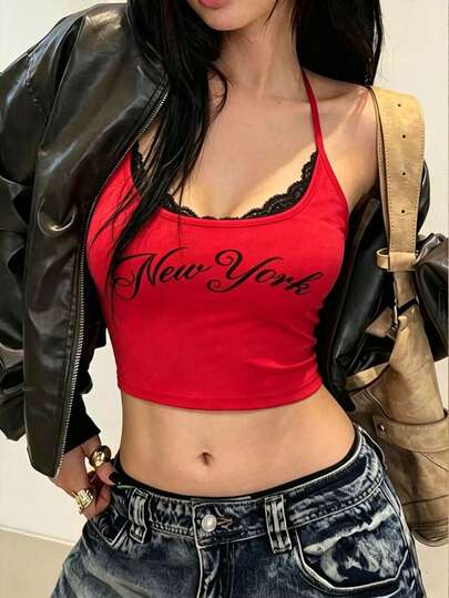 INAWLY 女士字母印花蕾丝拼接吊带背心