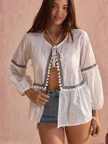 Women Eyelet Embroidery Detailed Front Tie Boho Blouse - White - View 6
