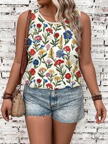 SHEIN VCAY Áo hai dây và áo tank top cỡ lớn, kiểu dáng thường ngày, in họa tiết hoa, thích hợp cho mùa hè. - Nhiều màu - Xem 6