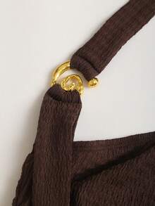 Sweetra 女士金属装饰褶皱领连衣裙，时尚百搭，适合约会和派对 - 鏽棕色 - 查看 6