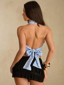 Glamine Women's Blue White Striped Halter Backless Tie Crop Top, Summer Golf Sexy - Blue and White - View 7