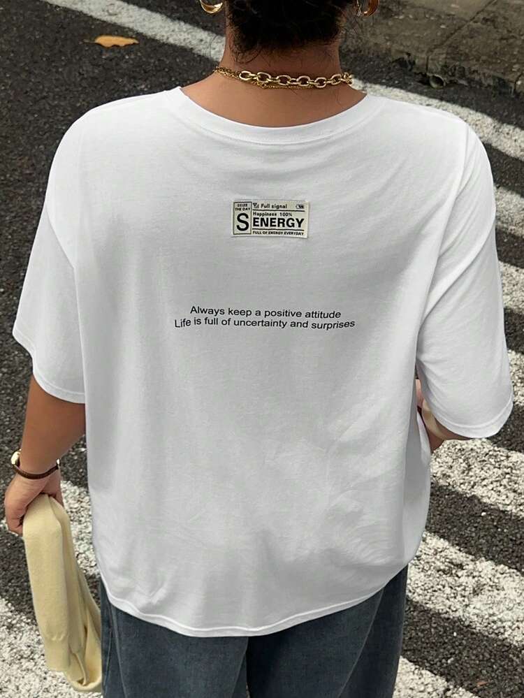 Dazy Plus Plus Size Women White Loose Fit T-Shirt With Back Print Decoration, Spring/Summer