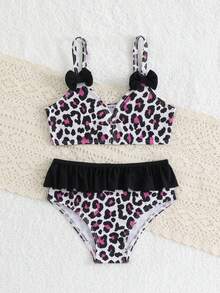 Young Girl Leopard Print Bow Decor Fashion Swimwear Set For Beach Vacation - Purple - View 5
