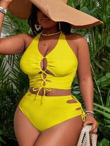Slaydiva Conjunto de bikini 2026 de verano nuevo con cordones amarillos y escote halter | Bottom con recortes fruncidos y lazos | Bottom de talle alto | Traje de baño para vacaciones en la playa, talla grande - Amarillo - Ver 4