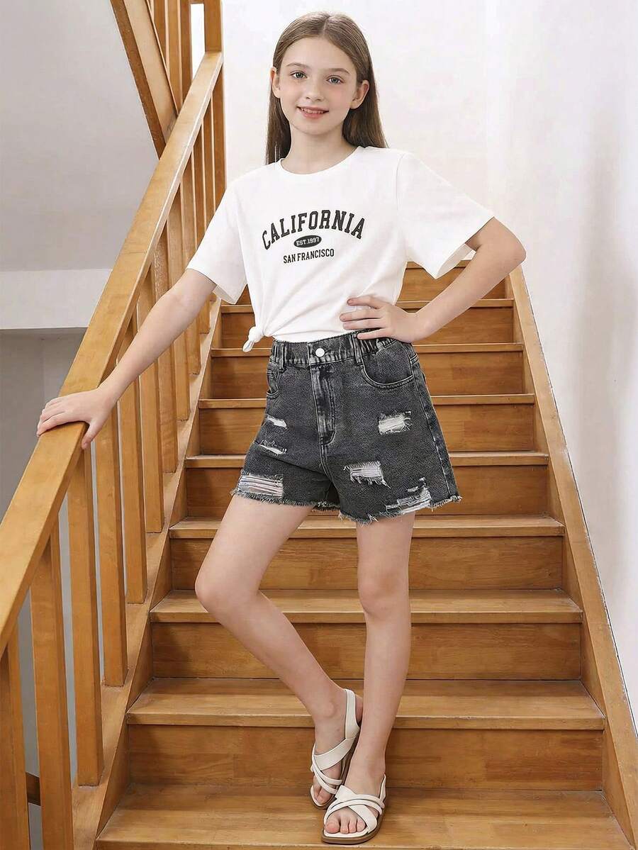 SHEIN Teen Girls Back To School Summer Casual Streetwear Graphic White T-Shirt Shorts /Set Distressed Back-To-School Birthday - Black - View 1