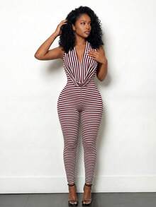 SHEIN BamGlam Randig jumpsuit med djup halsringning för kvinnor - Bourgogne - Visa 7
