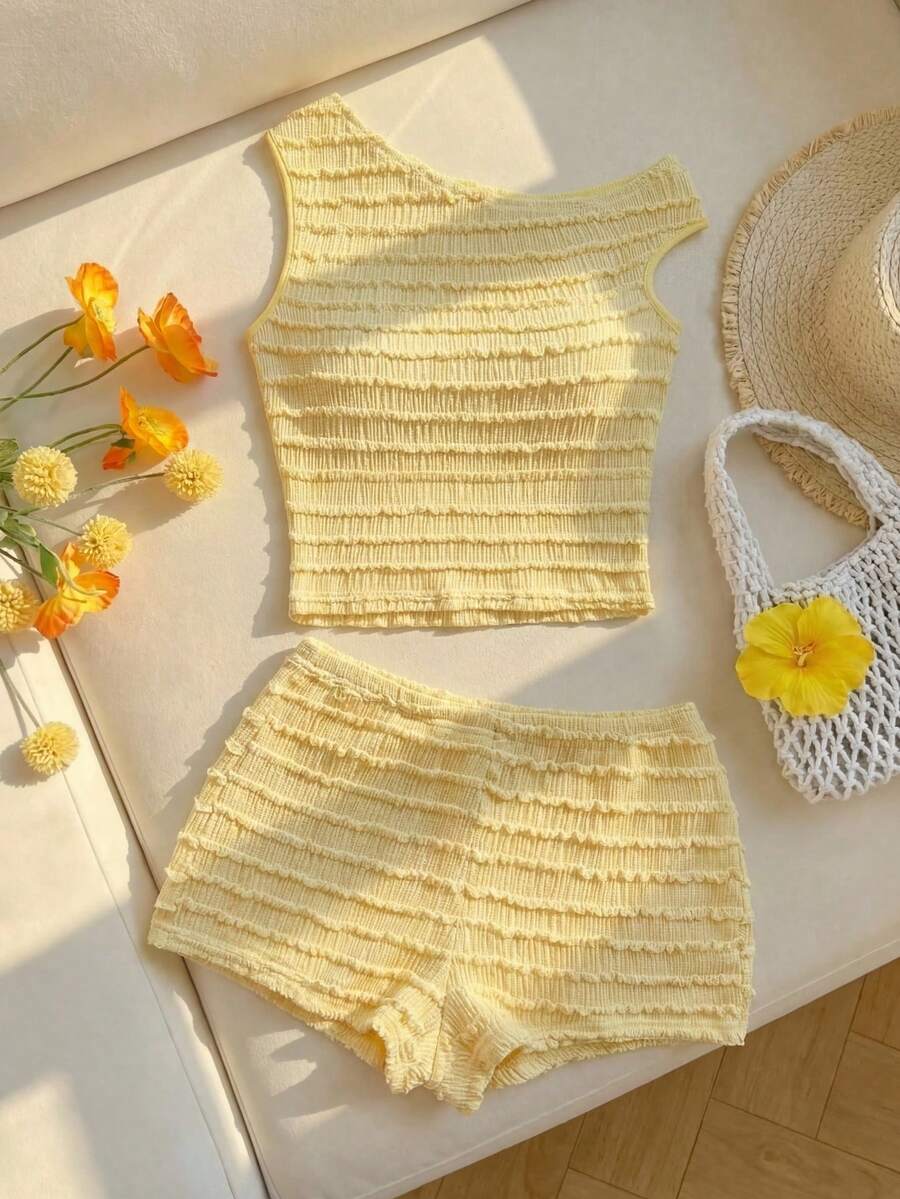 SHEIN 少女碎花针织V领吊带背心和短裤套装,波西米亚风,度假风 - 黃色 - 查看 1