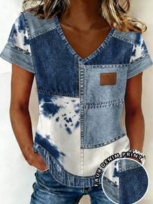 EMERY ROSE Casual V-Neck Short Sleeve T-Shirt With Denim Print, Summer - Multicolor - View 1