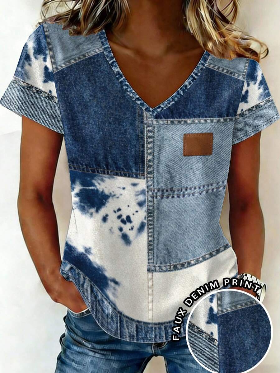 EMERY ROSE Casual V-Neck Short Sleeve T-Shirt With Denim Print, Summer - Multicolor - View 1