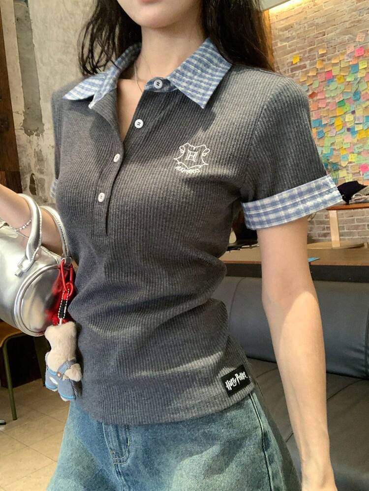 Women's Casual Plaid Patchwork Short Sleeve T-Shirt, Summer