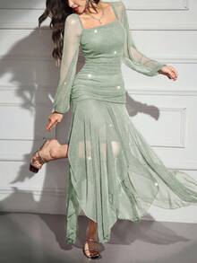Modelyn Women's Solid Color Shiny Square Neck Lantern Sleeve Asymmetric Hem Elegant Dress,Wedding Guest Dress Women - Mint Green - View 6