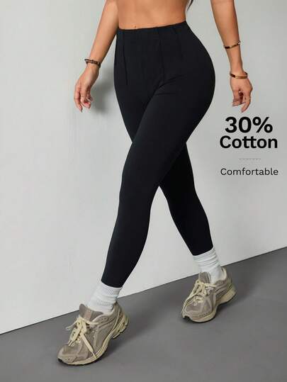 SHEIN PETITE 2026新款休闲高腰舒适弹力面料长裤，适合圆润身材曲线，也适合苹果型身材，秋季款