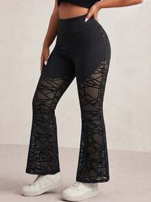 SHEIN Rhythm Era Plus-Size Women's High-Waisted Geometric Mesh Flared Sweatpants - Black - View 3