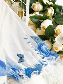 EMERY ROSE 大码女式蓝白浪漫度假X型V领短袖碎花印花松紧腰连衣裙 - 藍色 - 查看 4