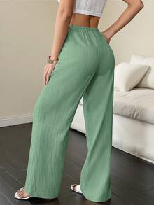 SHEIN MOOSTA Quần ống rộng dáng suông, màu trơn, thắt eo, kiểu dáng thường ngày dành cho nữ. - Màu xanh lục của thợ săn - Xem 2