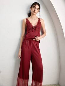 Ocili Bộ đồ ngủ 2 món kiểu Bohemian gồm áo hai dây và quần viền ren, đồ ngủ thoải mái cho nữ. - Màu Đỏ Sâu - Xem 5
