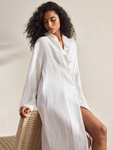 Ocili Cotton Embroidered Lace Double-Layer Crinkle Cotton Soft & Comfortable Robe With Frill Trim For Women - White - View 7