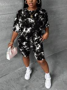 Slaydiva Bộ đồ 2 món dành cho nữ cỡ lớn: Áo thun cổ tròn tay ngắn nhuộm tie-dye và quần short. - Nhiều màu - Xem 3