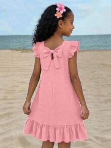 Sparklyn Vestito a metà gamba per ragazze pre-adolescenti, dolce, primaverile, a tema tropicale, con fiocco, collo rotondo, senza maniche, volant all'orlo, maniche a cappuccio, adatto per primavera/estate e vacanze - Rosa - Visualizzare 3