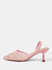 CUCCOO HITCHD 女款四季珍珠串珠刺繡網格元素尖頭細高跟鞋 氣質時尚性感 Slingback 綁帶穆勒鞋 露跟高跟涼鞋 婚禮下午茶派對情人節伴娘新娘婚鞋 優雅穿搭 - 粉色 - 查看 2