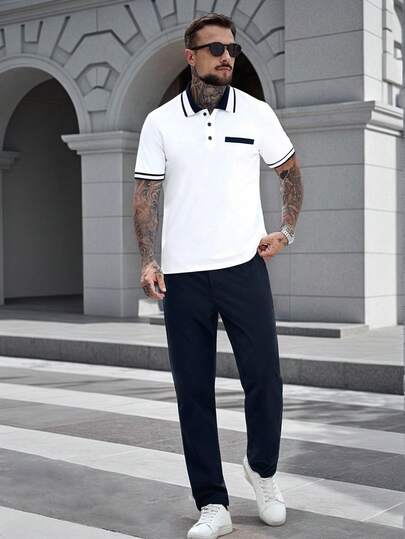 Manfinity CasualCool 男士舒适面料Polo衫和松紧腰裤套装，畅销Polo套装，适合男士休闲度假、简约办公、简约商务、日常约会、居家休闲、时尚派对、餐饮聚会等场合，自用或送礼皆宜。